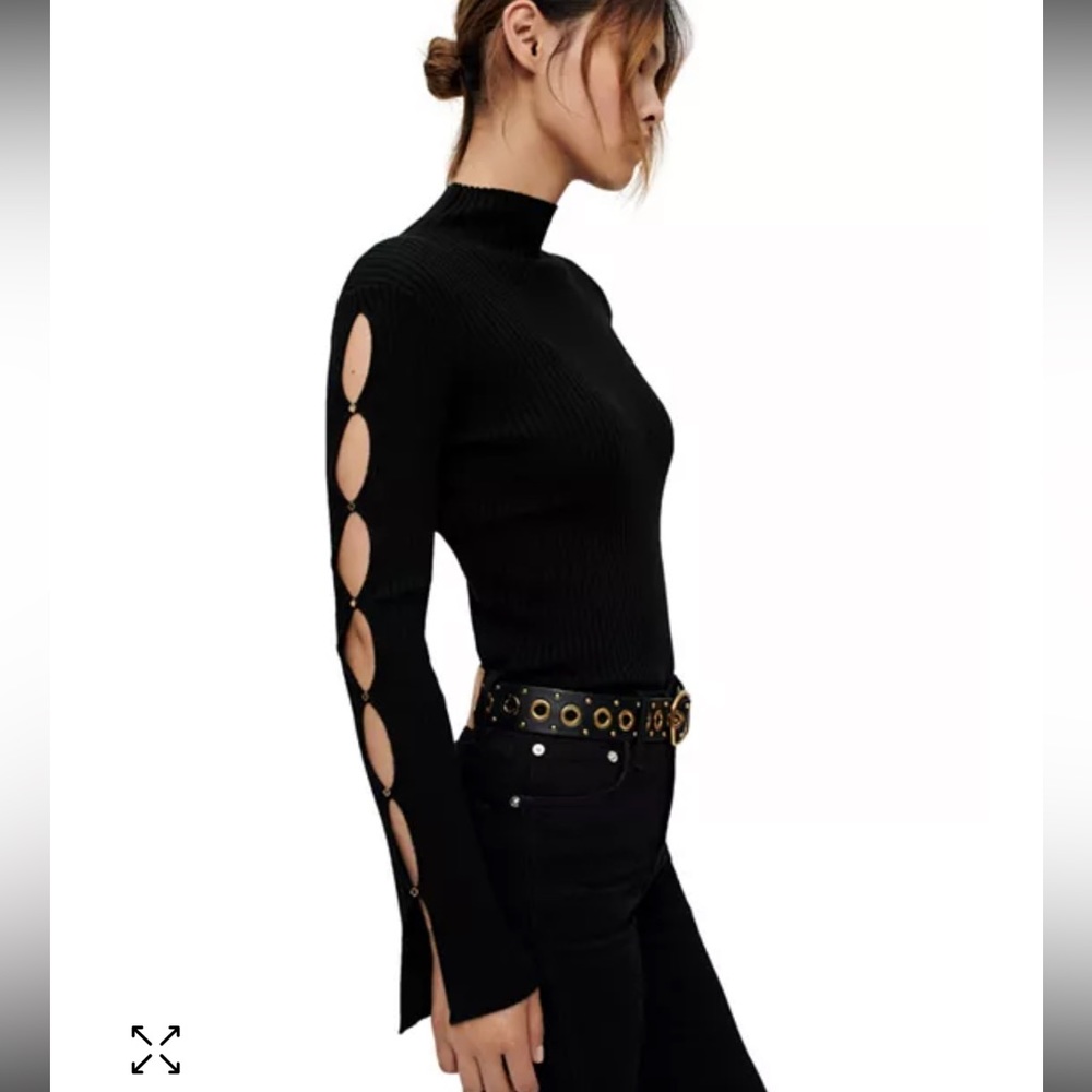Maje Black Turtleneck Moto Sweater with Cutout Sleeves Size 2 NWT